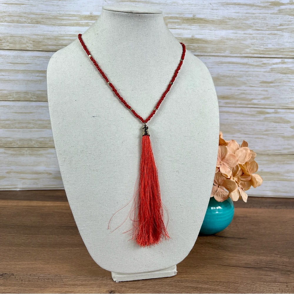 Red Oxblood Coral and Gold-Tone Beaded Tassel Pendant Bohemian Necklace